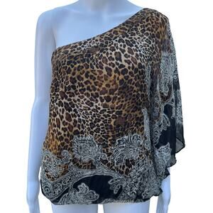 Y2K Caché Silk Chiffon Cold Shoulder Blouse Beaded Leopard Print Paisley Med